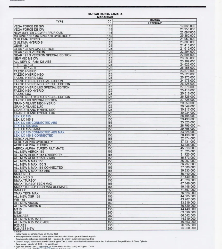 brosur harga motor yamaha makassar terbaru, harga terbaru motor yamaha makassar 2025, daftar harga motor yamaha makassar mulai juli 2025