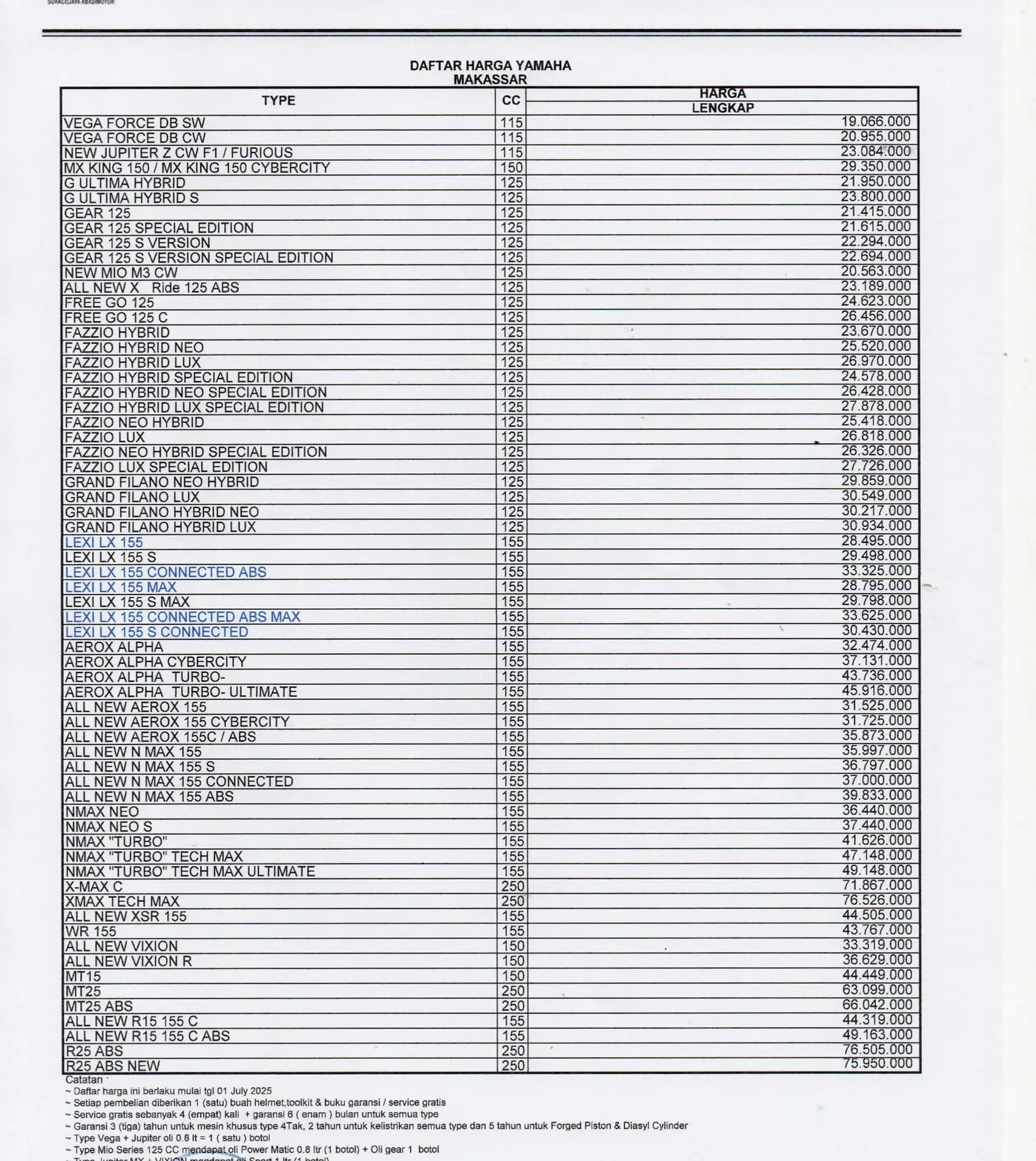 brosur harga motor yamaha makassar terbaru, harga terbaru motor yamaha makassar 2025, daftar harga motor yamaha makassar mulai juli 2025