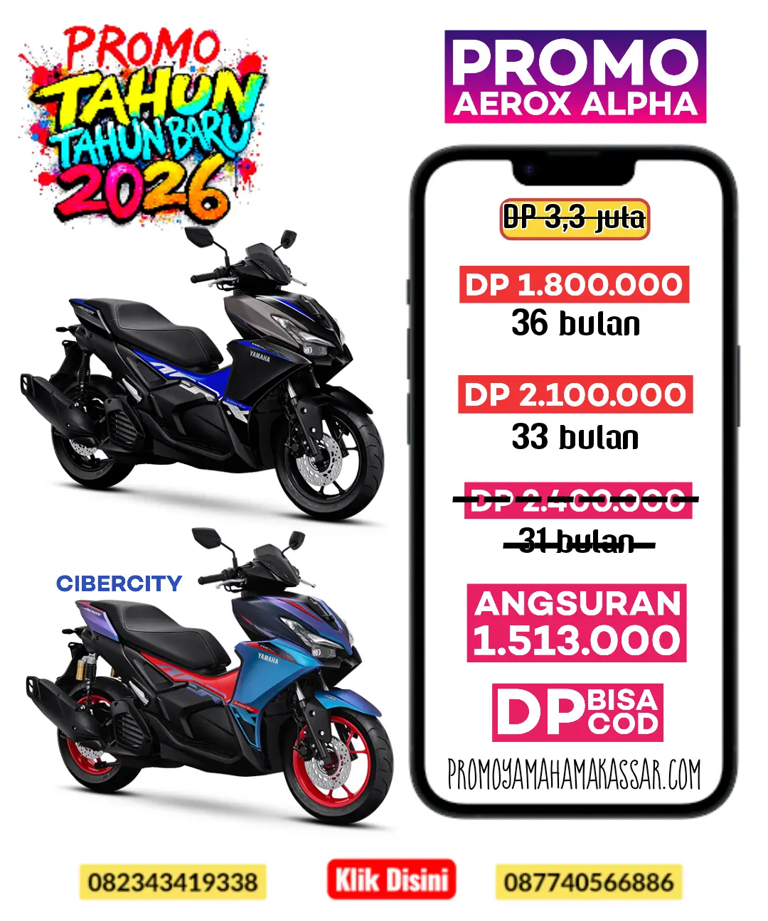 Promo aerox alpha 2026, promo motor yamaha aerox alpha makassar 2026, promo motor yamaha aerox alpha cybercity makassar 2026, promo motor yamaha aerox turbo 2026, promo tahun baru yamaha aerox alpha makassar 2026, harga dan angsuran motor aerox alpha makassar 2026, brosur motor yamaha aerox makassar 2026.