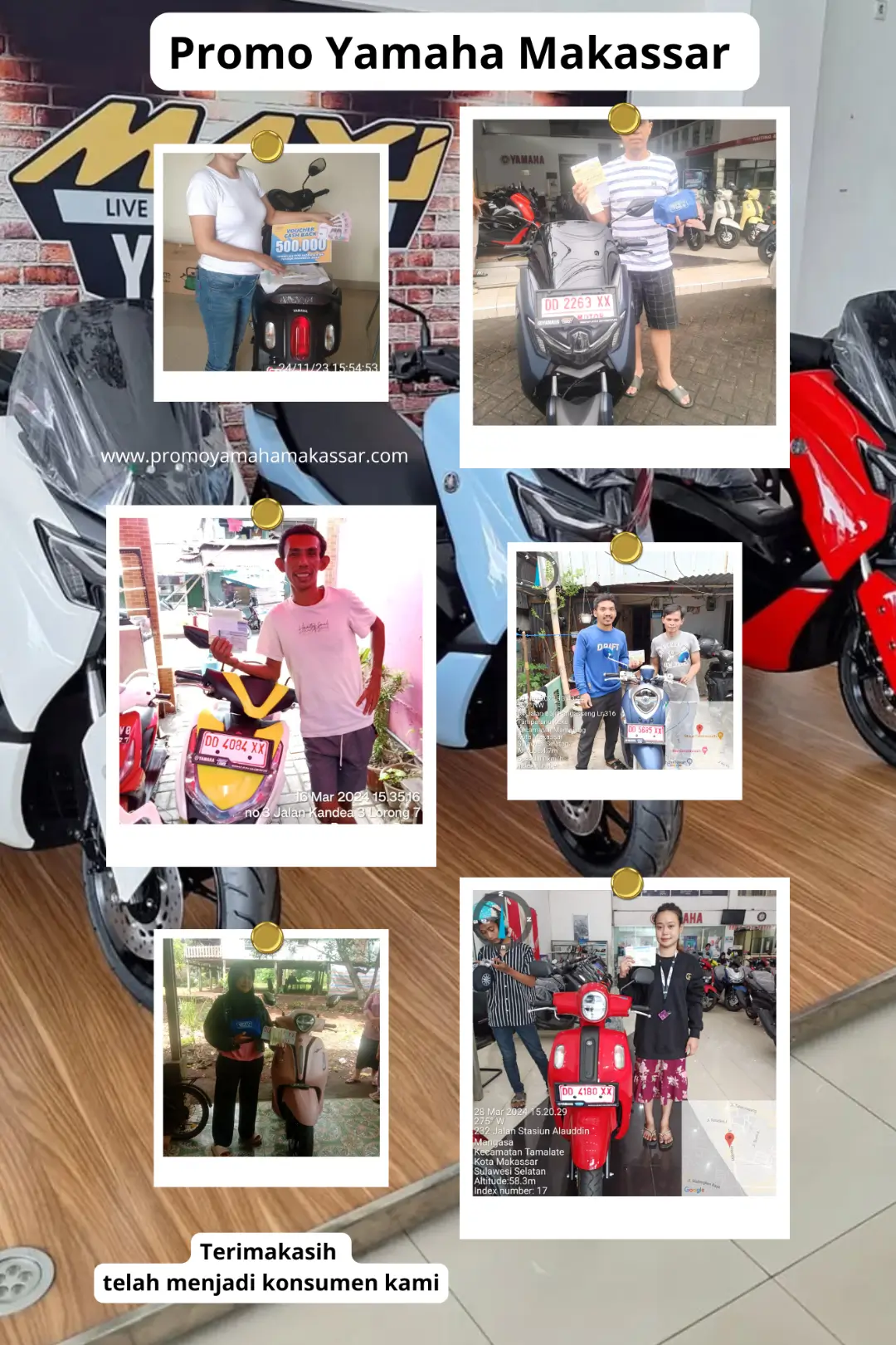 Kolase foto konsumen motor yamaha makassar, serah terima motor konsumen nmax, serah terima motor filano ke konsumen jeneponto, serah teriman motor mio m3 konsumen gowa, serah terima motor konsumen bone.